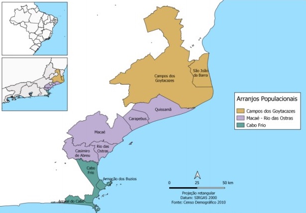 Mapa dos arranjos populacionais dos municípios considerados produtores de petróleo no trecho fluminense da Bacia de Campos