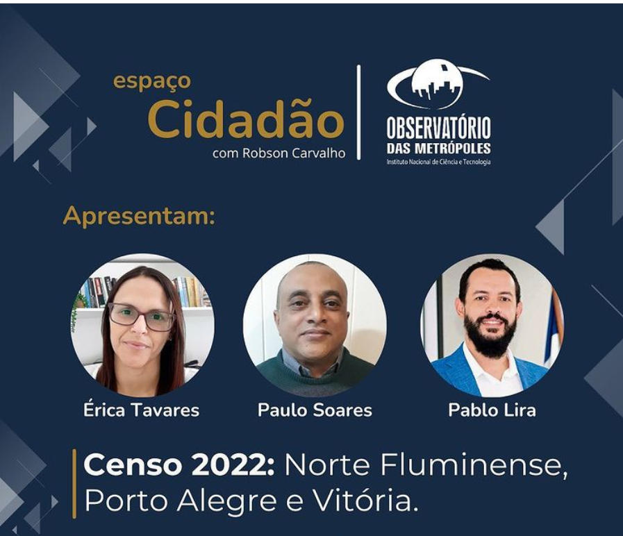 Tela inicial do programa Espaço Cidadão de 11/09/23, dedicado a analisar os resultados do Censo 2022 para o Norte Fluminense, Porto Alegre e Vitória.