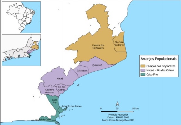 Mapa dos arranjos populacionais dos municípios produtores de petróleo do trecho fluminense da Bacia de Campos